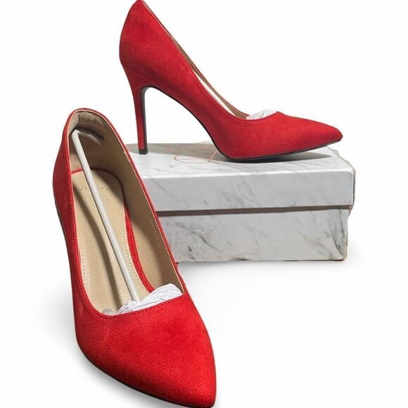 ORIPALLA Stiletto High Heels Pumps, 4” Heel, Pointed Toe, Red Suede, Size 8.5 - Picture 2 of 10